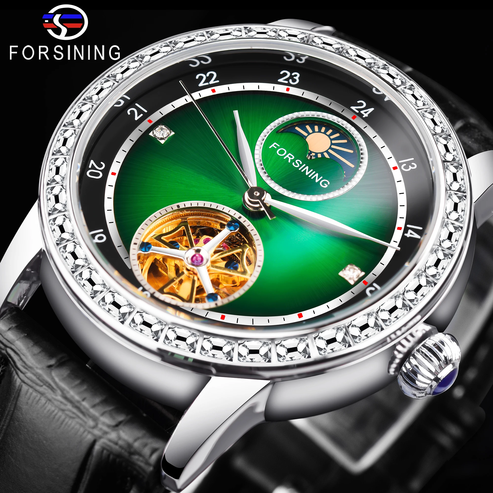 Forsining Fashion Man Luxury Jade Green Design Waterproof Elegant Automatic Watches  Genuine Leather