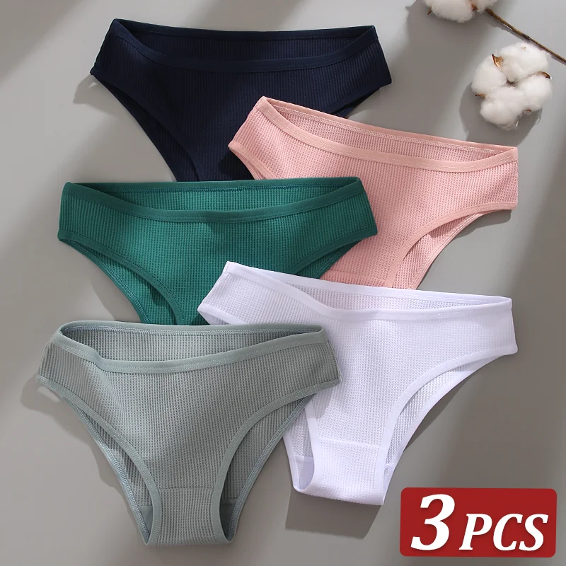 3Pcs/Set Sexy Waffle Plaid Cotton Briefs Women Solid Color Low Waist Panties Female Soft Breathable Lingerie Comfort Underwear