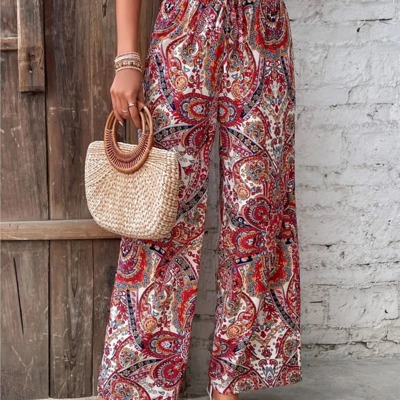 Women\'s Pants 2024 Summer New Fashion Versatile Printed Elastic Waist Wide Leg Pants Retro Ethnic Style Elastic Waist Trousers