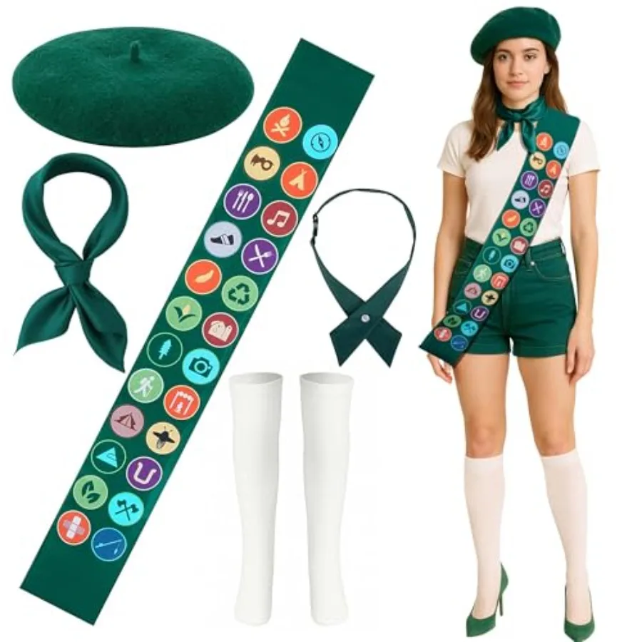 

PURPLE STAR 1N 5 Pcs Halloween Scout Costume Set for Women, Green Scout Sash Scarf Beret Hat Bowtie Socks Outfit for Party