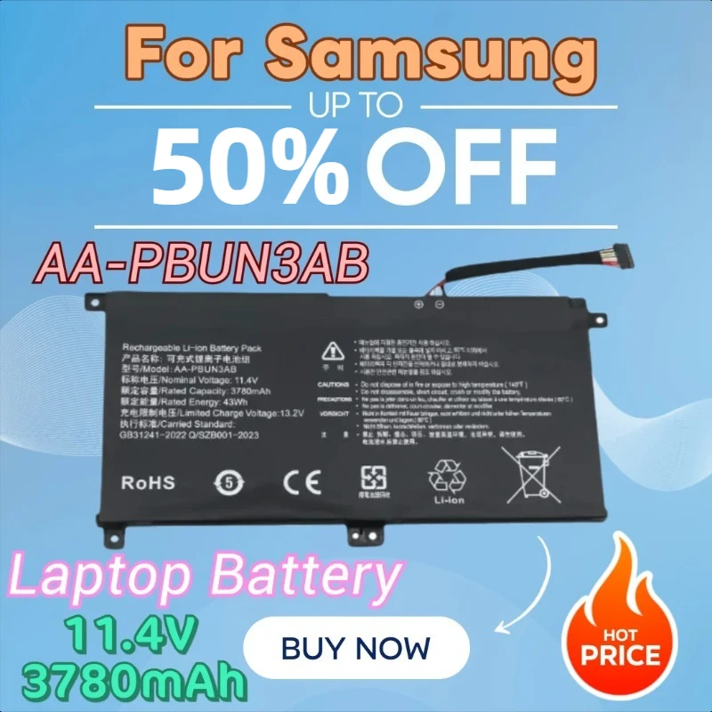 

New 11.4V 3780mAh Laptop Battery AA-PBUN3AB AA-PBUN3QB for Samsung Notebook 5 NP550XTA NP300E5K NP730QAA NP800G5M NP530E5M