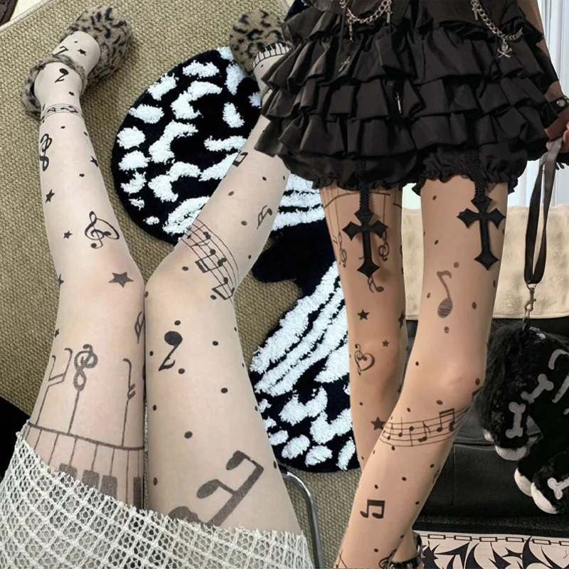 Nota Musical Punk nuevas mujeres media símbolo estampado medias de Lolita dulce y2K niñas medias finas Club Salonpas pantimedias de fiesta 2025
