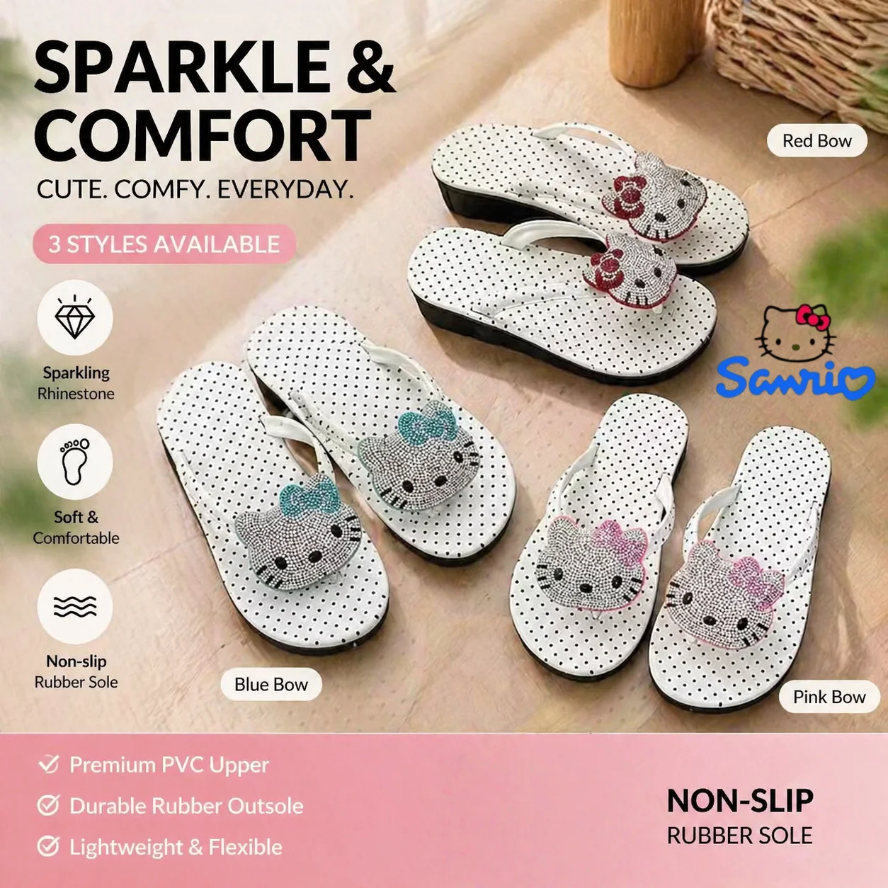 

Sanrio Hello Kitty Wedge Flip Flops Women Girls Summer Slippers Dot Beach Sandals Sparkle Rhinestone Shoes Rubber Sole Comfort