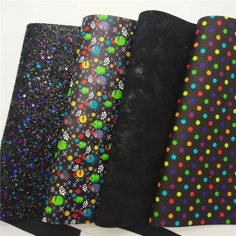 Black Glitter Leather Polka Dots Christmas Monsters Pritned Synthetic Leather Winkles Faux Vinyl Fabric For Bow DIY 21x29CM Q485