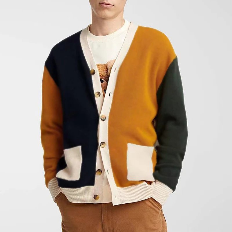 

Fashion Mens Knitted Cardigan Tops Long Sleeve Button Lapel Patchwork Pockets Sweater Men Vintage V Neck Contrast Color Sweaters