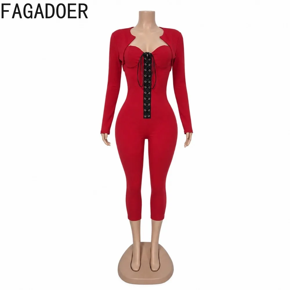 FAGADOER Sexy Women 2 Piece Jumpsuit Set Lace Up Strapless Bodycon Capri Jumpsuit with Long Sleeve Crop Shrug Fall Club Outfit - view 4