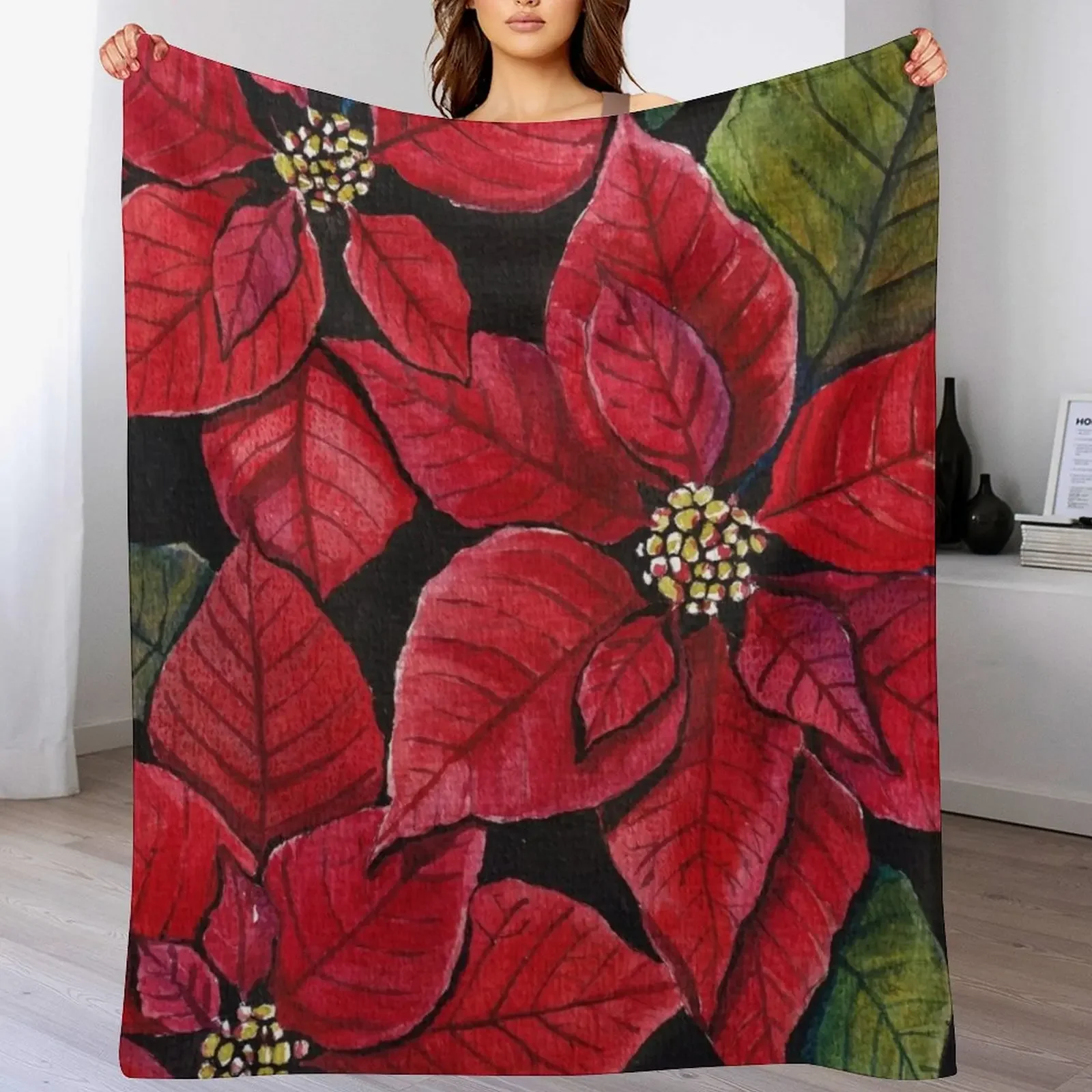 

Vibrant Poinsettia Watercolour Artwork Throw Blanket Lightweight Warm Blanket for Travel Camping