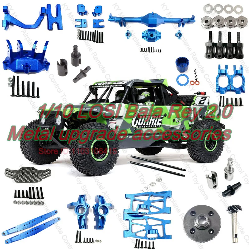 Akcesoria metalowe do tuningu samochodu zdalnie sterowanego Losi Baja Ray 2.0 w skali 1/10: kombiner, kielich kierowniczy, tylna oś, wahacz, zębatka napędowa 40T.