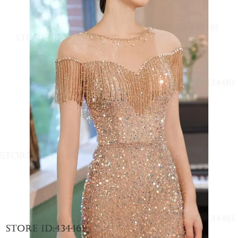 Female Sexy Perspective Mesh Mermaid Prom Dress Sparkling Sequin Bead Tassel Evening Party Dress Floor Length Robe De Soiree