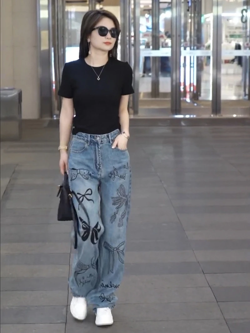 Graffiti Bow Aesthetics Design Vintage Women's Jeans European American Style Jeans for Women Street Personality New Pants Woman