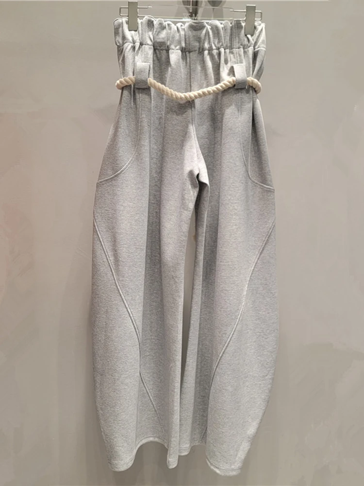 DEAT Women Pants Loose Elastic Waist Full Length Causal Grey Wide Leg Bandage Causal Female Trousers 2024 New Fashion Autumn