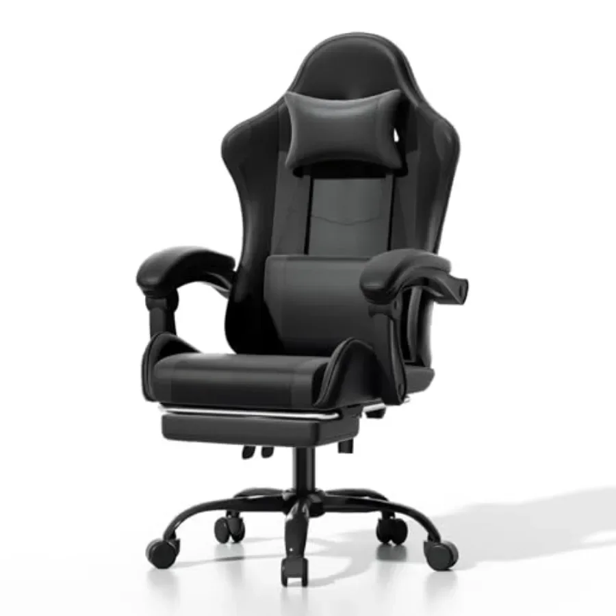 Ergonomic Gaming Chair with Footrest for home office use, mesh back and PU leather seat, black color, lumbar support and adjust