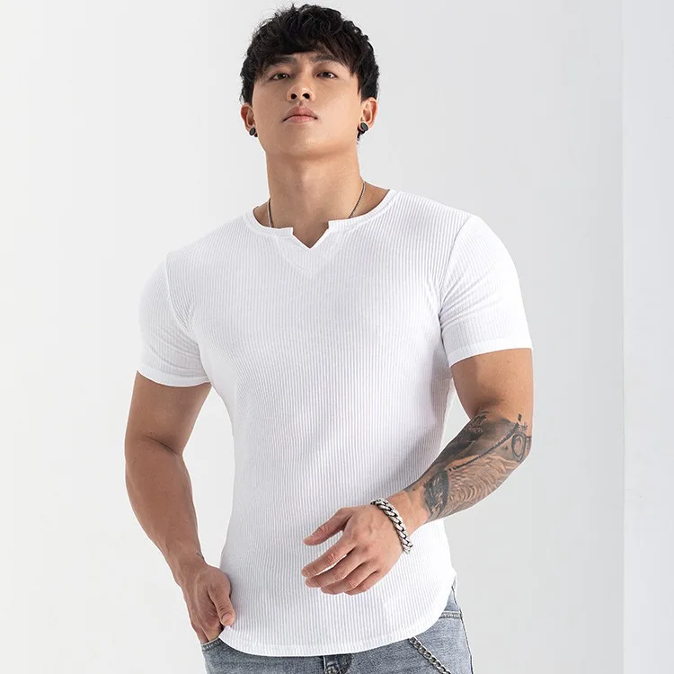 Mens T Shirt V Solid V Collar Short Sleeved Tops Tees Men T-Shirt Black Tights Man T-Shirts Fitness For Male Clothes Fitness 2XL