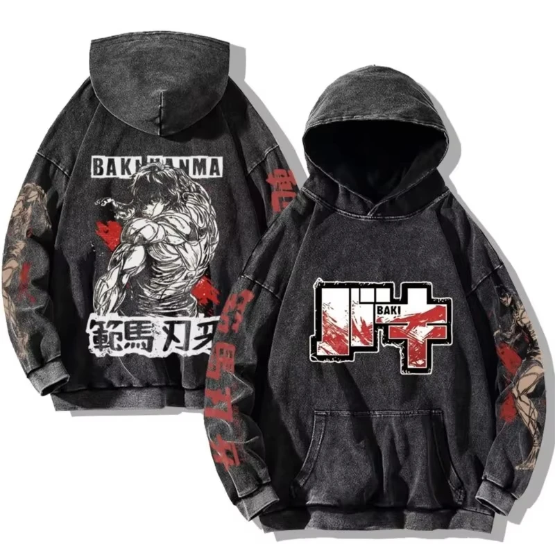 Baki Hanma Anime Print Hooded Men Women Vintage Trendy Hoodies Plus Size Washed Cotton Sweatshirt Harajuku Unisex Streetwear