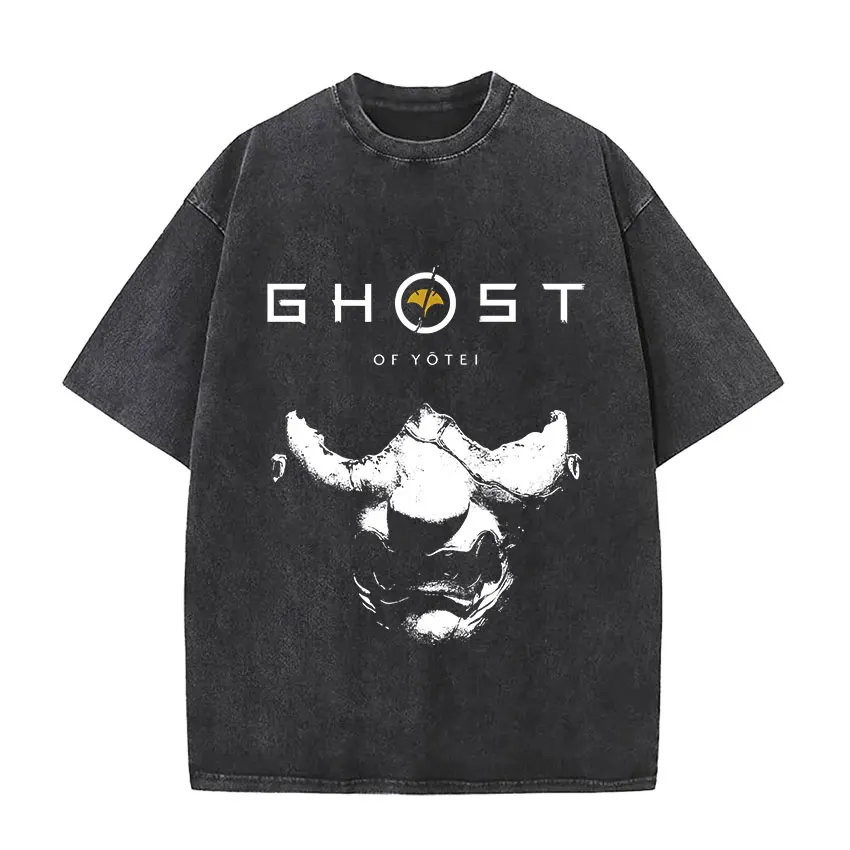 

2025 Hot Game Ghost of Yotei Samurai Mask Vintage Washed T Shirts Men's Women Gothic Fashion Short Sleeve T-shirt Y2k Streetwear