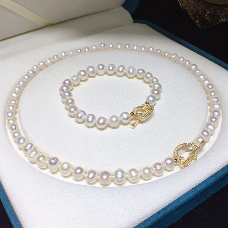 

Natural 7-8mm white freshwater pearl necklace bracelet set fashionable love OT buckle design