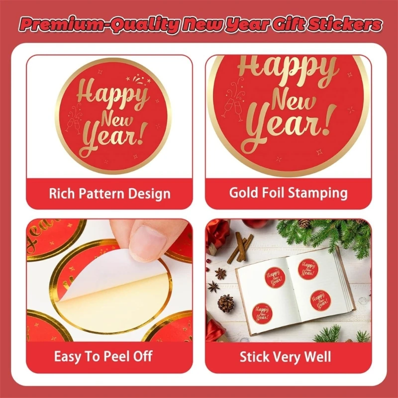 2025 New 500Pcs Happy New Year Sticker Round Wrapping Labels for Package Card Candy Bag