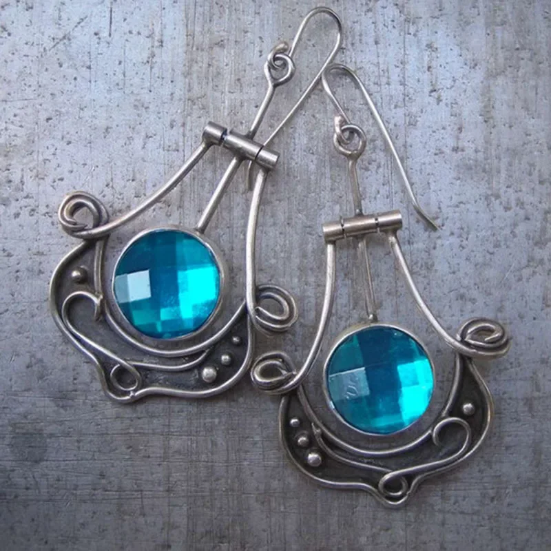 Antique Geometric Round Blue Color Stone Hollow Dangle Earrings For Women Female Party Jewelry Pendant Custom Jewelry