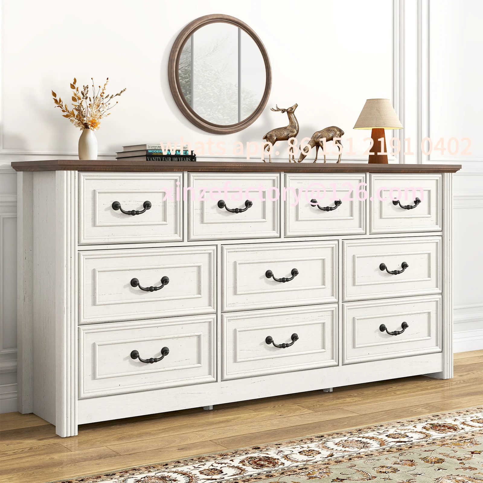 

Customizable Farmhouse 10 Drawer Dresser for Bedroom, 63” Wood Chest of Drawers with Rustic Handles, Wide Closet Dressers Organi