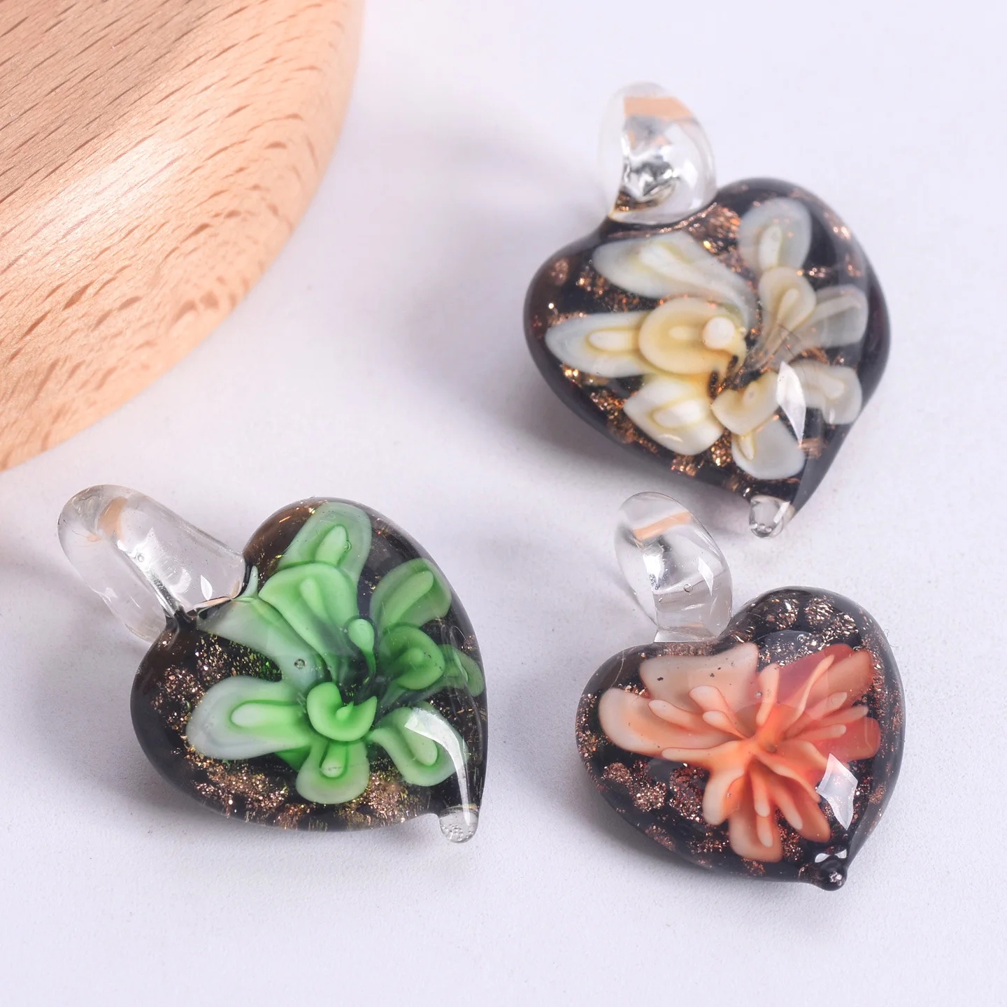 

2pcs Handmade Lampwork Glass Flower Inside Heart Shape Pendants For Jewelry Making DIY Crafts Findings