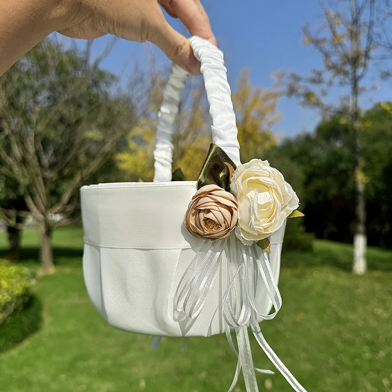 1PC Ivory Flower Girl Basket and Ring Bearer Pillow with Flower for Wedding Party Decoration Wedding Supplies