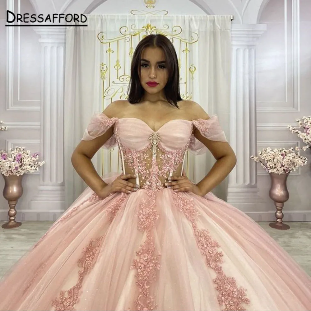 Vestidos de princesa rosa para quinceañera, apliques sin hombros para fiesta de cumpleaños, 16 vestidos con cordones personalizados, 2023