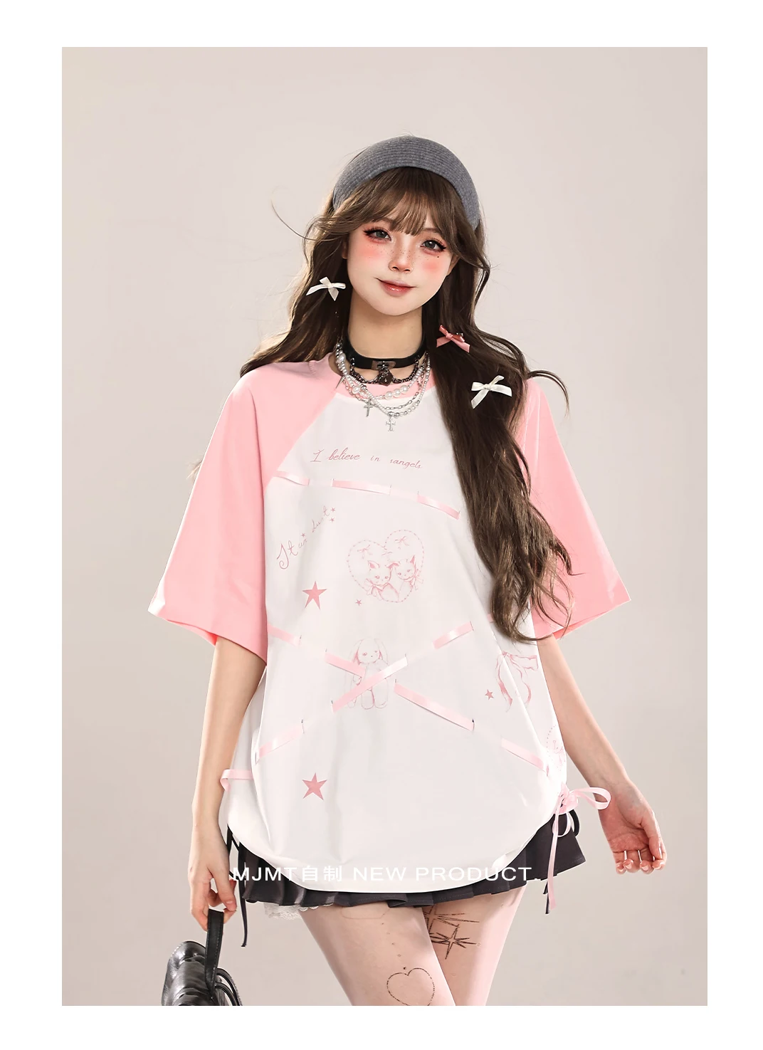 Sweet Cool Girls Y2K Top Cartoon Printed Lace-up Bow Round Collar Short Sleeve Loose Casual All-match T-Shirts Tees Women Summer