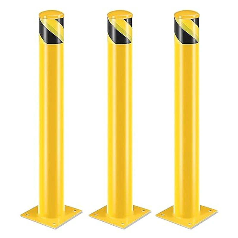 Safety Bollards Post 107cm Φ11.4cm, Industrial Yellow Powder Coated Steel Bollards with Anchor Bolts, Parking Bollard Post, 3pcs