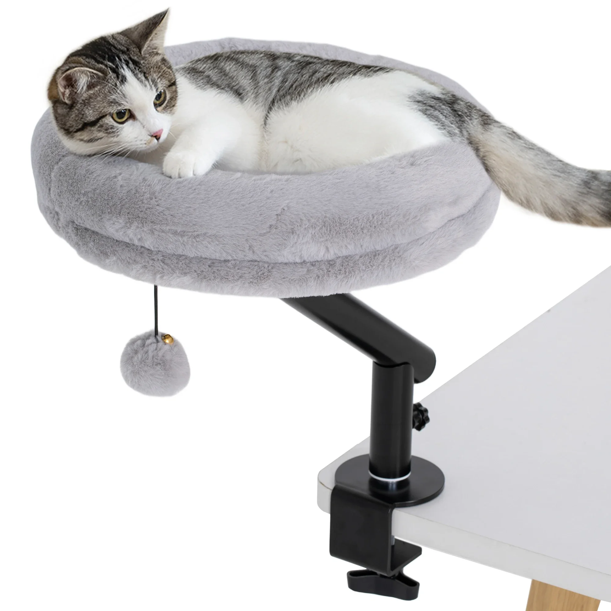 Lit de bureau pour chat avec 360 °   Lit pour chat réglable en hauteur et rotatif pour bureau, hamac en peluche lavable en machine et amovible avec pince de fixation sécurisée, perchoir surélevé peu encombrant pour chat pour bureau à domicile, rebord de fenêtre et table, sans perçage, jouet suspendu, pour chats jusqu'à 6 kg.