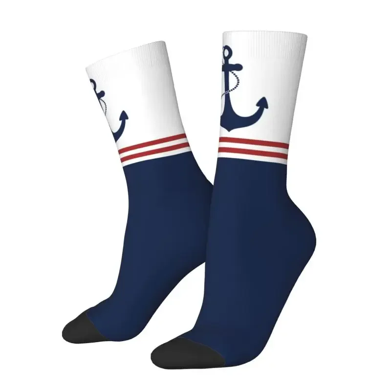 Nautical Navy Blue Anchor With Stripes Mens Crew Socks Unisex Funny Sailing Sailor Spring Summer Autumn Winter Dress Sock