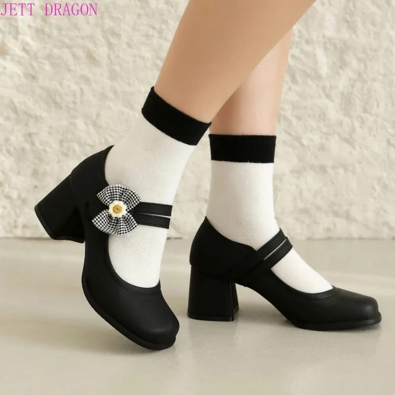 Ladies Lolita Heels Spring Sales 2024 Buckle Square Chunky Heels Bow Kawaii Cute Black Mary Jones Ladies Heels