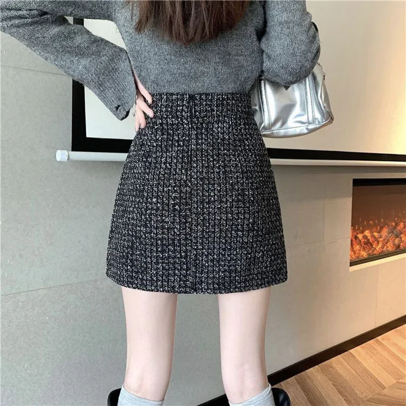 Korean High Waist Tweed Skirt Women Fashion Temperament Streetwear Mini Skirts Woman Solid Color All-match A-line Skirt