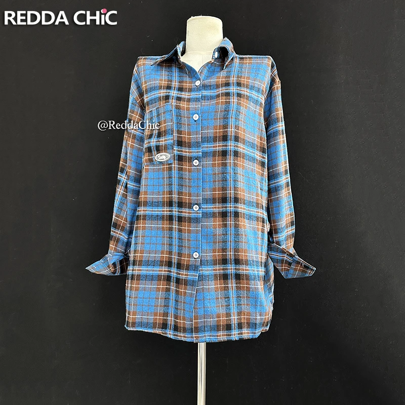 REDDACHIC Blue Plaid Men Long Sleeves Shirt Single-breasted Pocket Checkered Oversize Casual Blouse Top Vintage Fall Outerwear