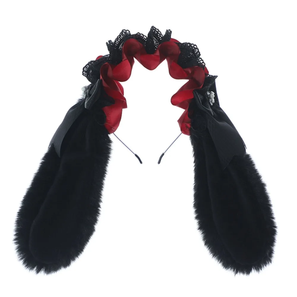 

Sweet Bowknot Plush Bunny Hair Hoop Lace Ribbon Cosplay Hair Bands Furry Cute Lolita Rabbit Ears Headband Girls