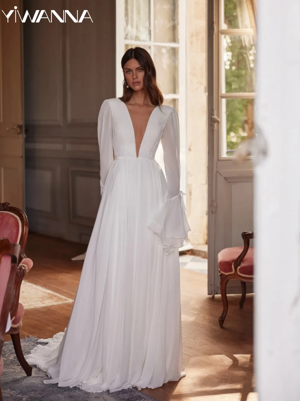 

Simple Graceful A-line Chiffon Long Wedding Dress Sexy V-neck Backless Bridal Gown Customized Flare Sleeve Dresses For Bride