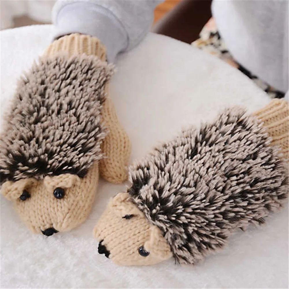 

1 Pair Cartoon Hedgehog Warm Gloves Women Girls Thermal Full Finger Windproof Winter Mittens Christmas Gifts For Child