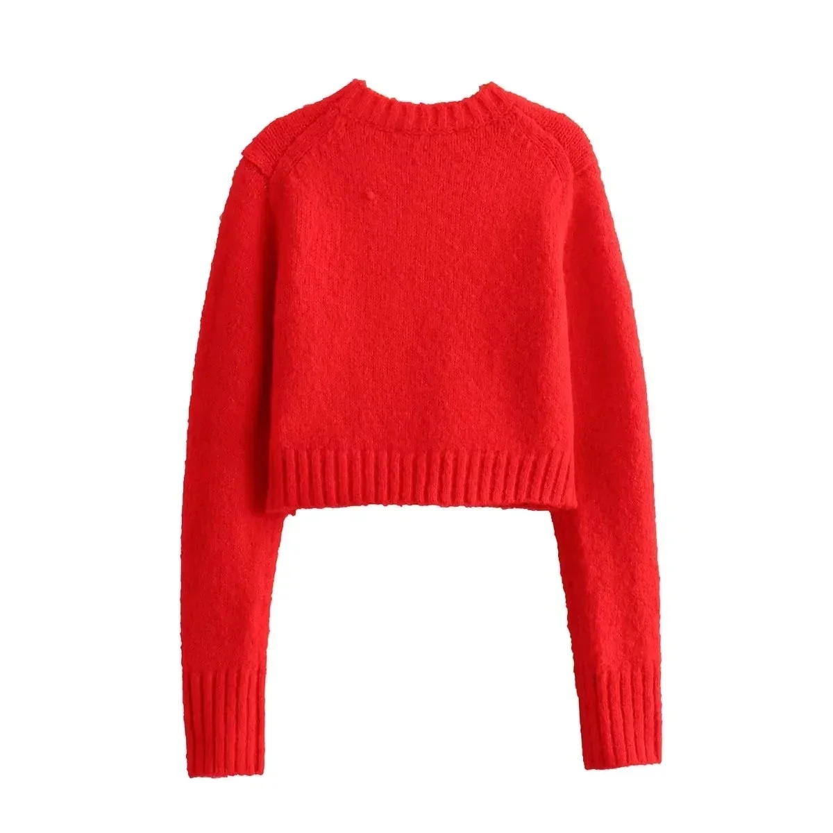 TRAF 2024 Knitted Sweater Women O-Neck Pullovers Red Cropped Sweaters For Women Autumn Winter Long Sleeve Jerseys Woman Jumper