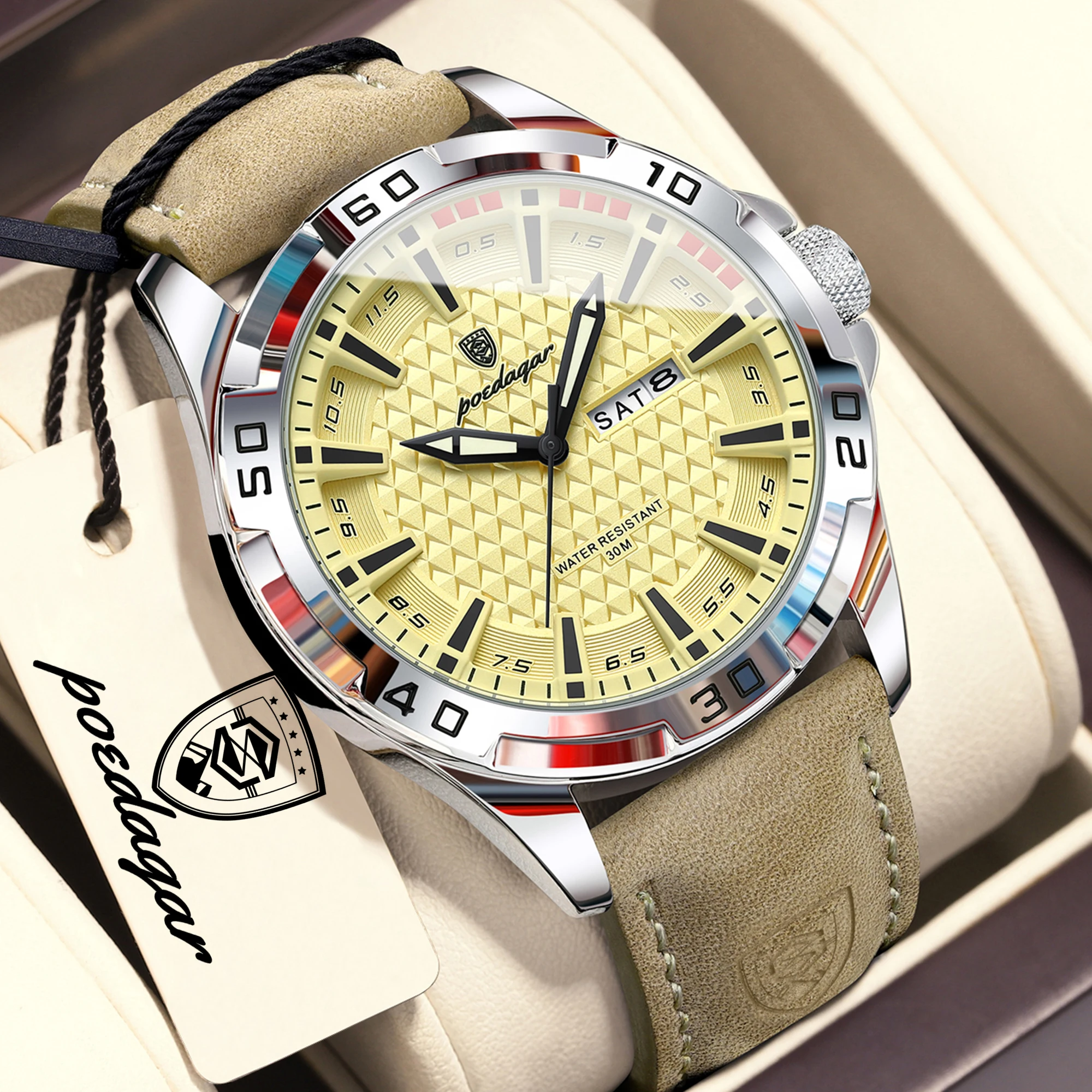 

Мужские спортивные часы POEDAGAR, водонепроницаемые, с подсветкой, указателем даты и дня недели, модные, кожаные, классические, кварцевые.