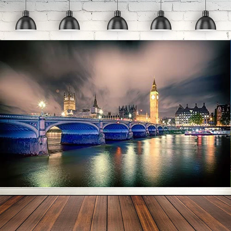 Photography Backdrop London Bridge Big Ben Modern City Night View Clock Tower Lights River Travel Landmark Photo Background