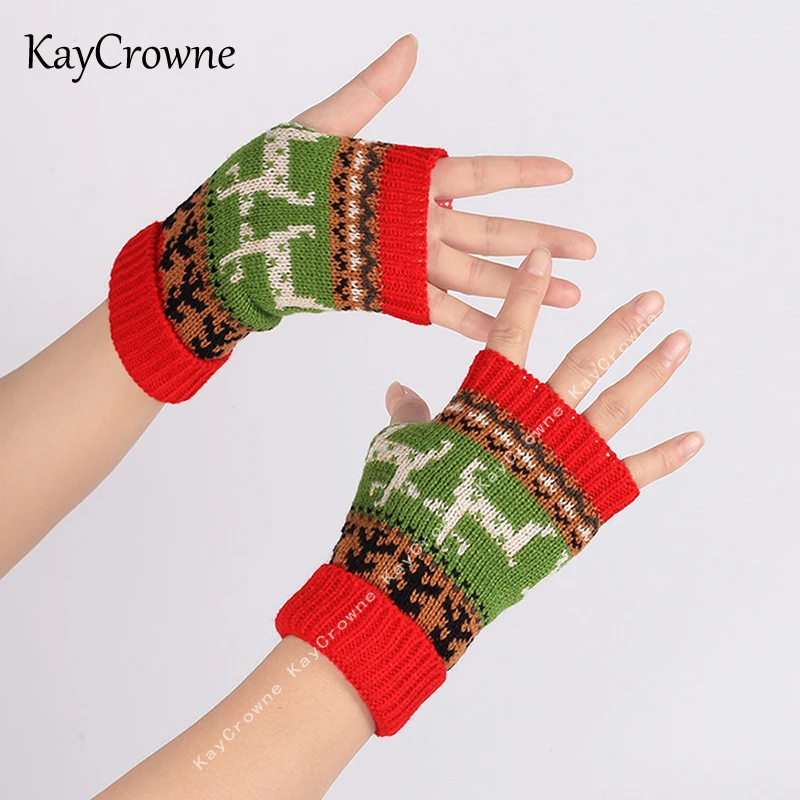 Christmas Fingerless Gloves Women's Gloves Winter Warm Cute Student Writing Typing Half Finger Acrylic Knitted Glove Mittens y2k