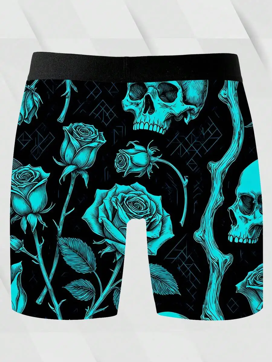 Mens Skull And Rose Print Boxer Shorts, Knitted Fabric, Novelty Underwear