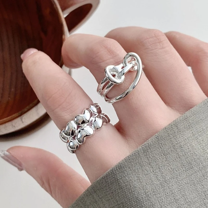 

925 Sterling Silver Geometric Charming Hollow Love Heart Butterfly Tie Bow Ring for Women Fine Jewelry Minimalist Accessories