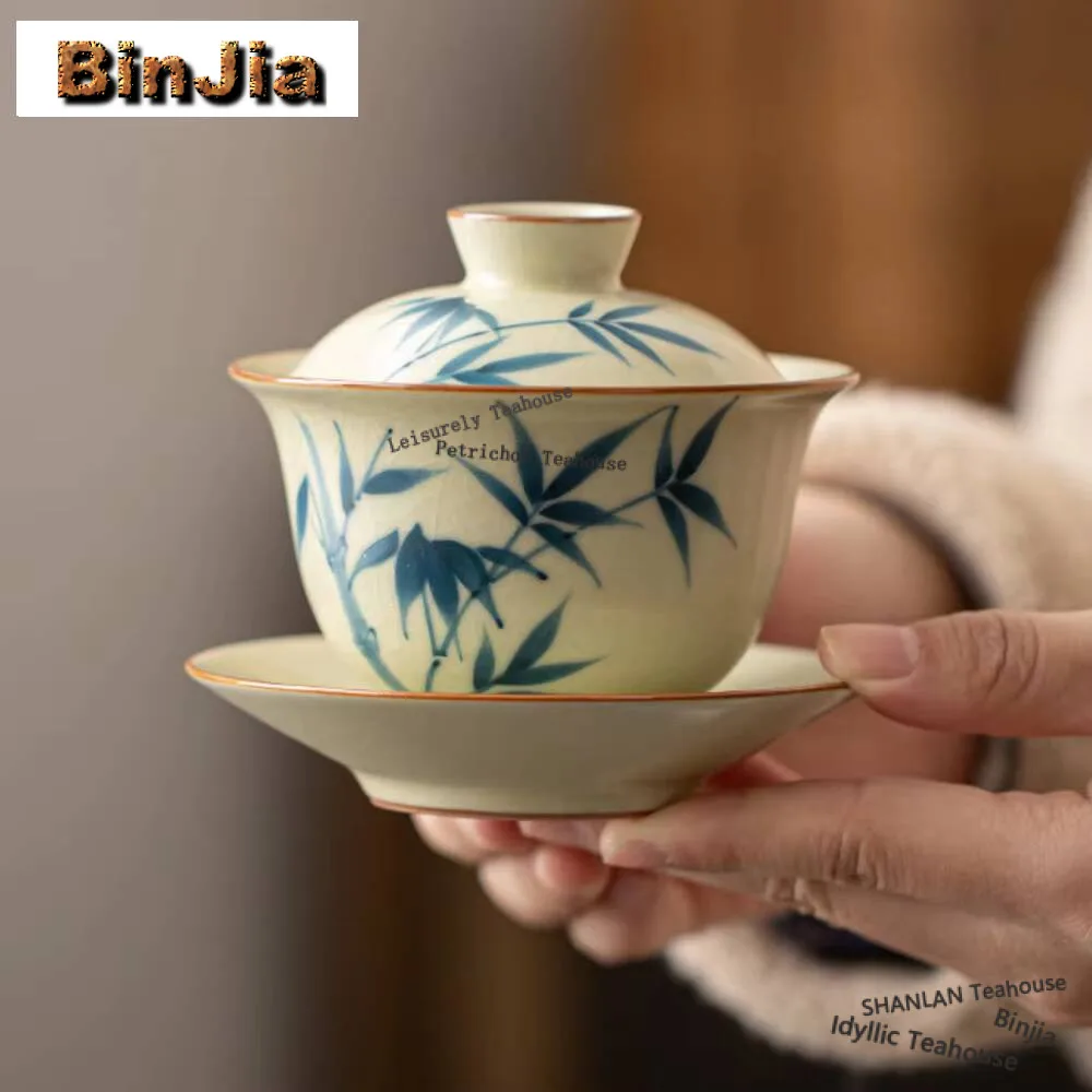 

150ml Hand-painted Bamboo Gaiwan Japanese Cream Ru Kiln Three Talented Tea Tureen Tea Maker Cover Bowl Chinese Teaset Collection