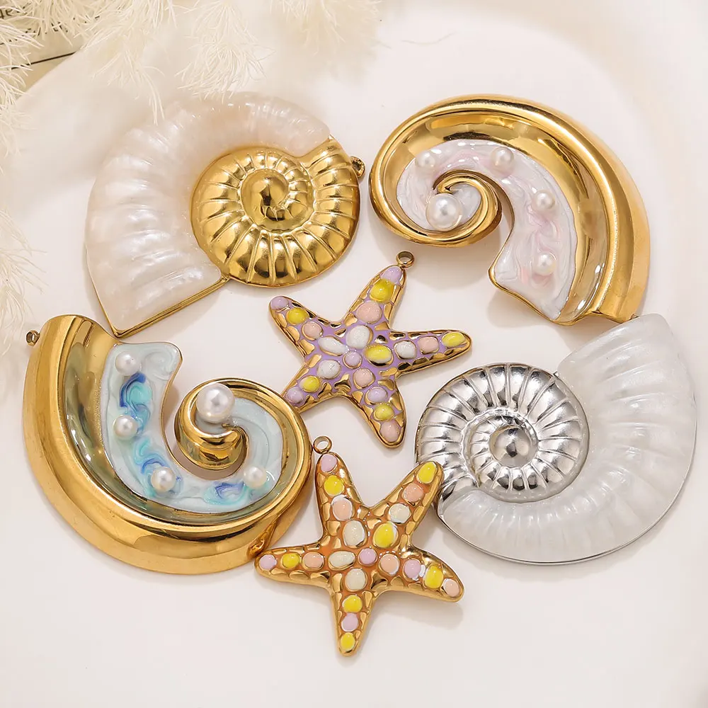 2PCS Pearl Conch Starfish Stainless Steel Charms Enamel Shell Pendant Accessories DIY Earring Jewelry Materials Making Crafts