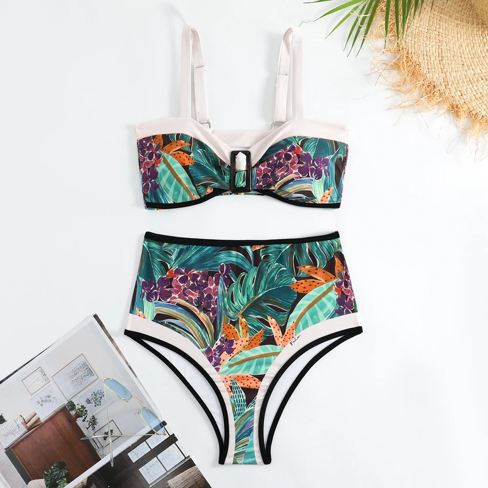 CPUTAN 2024 Sexy High Waist Bikini Set Women 3 Pieces Swimsuit Dress Retro Print Swimwear and Skirt Ladies Summer Push Beachwear