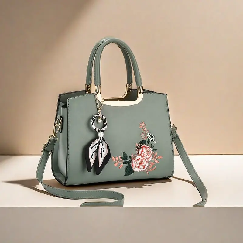 Green Beige Black Red Flower Chinese Embroidery Floral Handbag Large Capacity Shoulder Bag Purse Commute PU Leather For Women