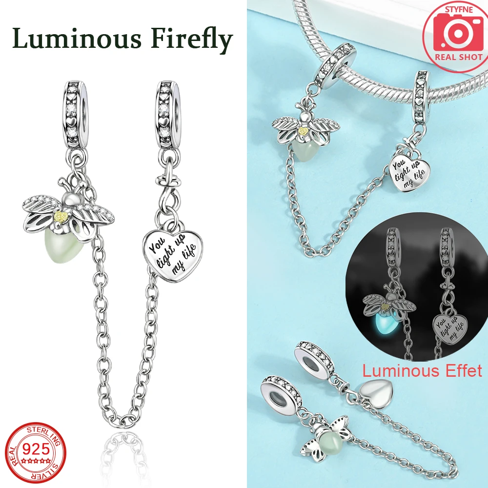 New Cute 925 Sterling Silver Colorful Firefly Safety Chain Charm Fit DIY Women's Bracelet Necklace Jewelry Gift Accessories