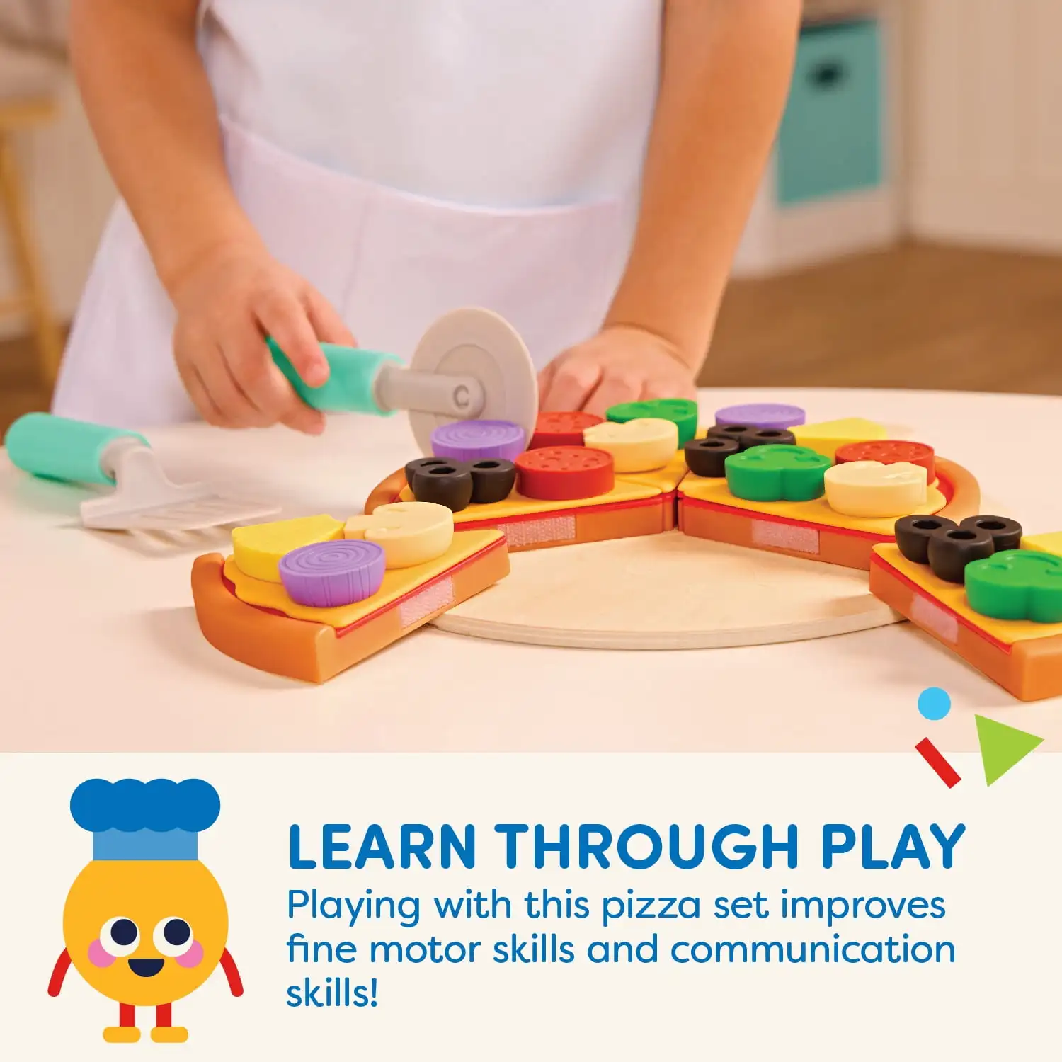 Pizza by The Slice Set plastique 7 garnitures multicolores et planche en bois, jouets pour tout-petits et préscolaires