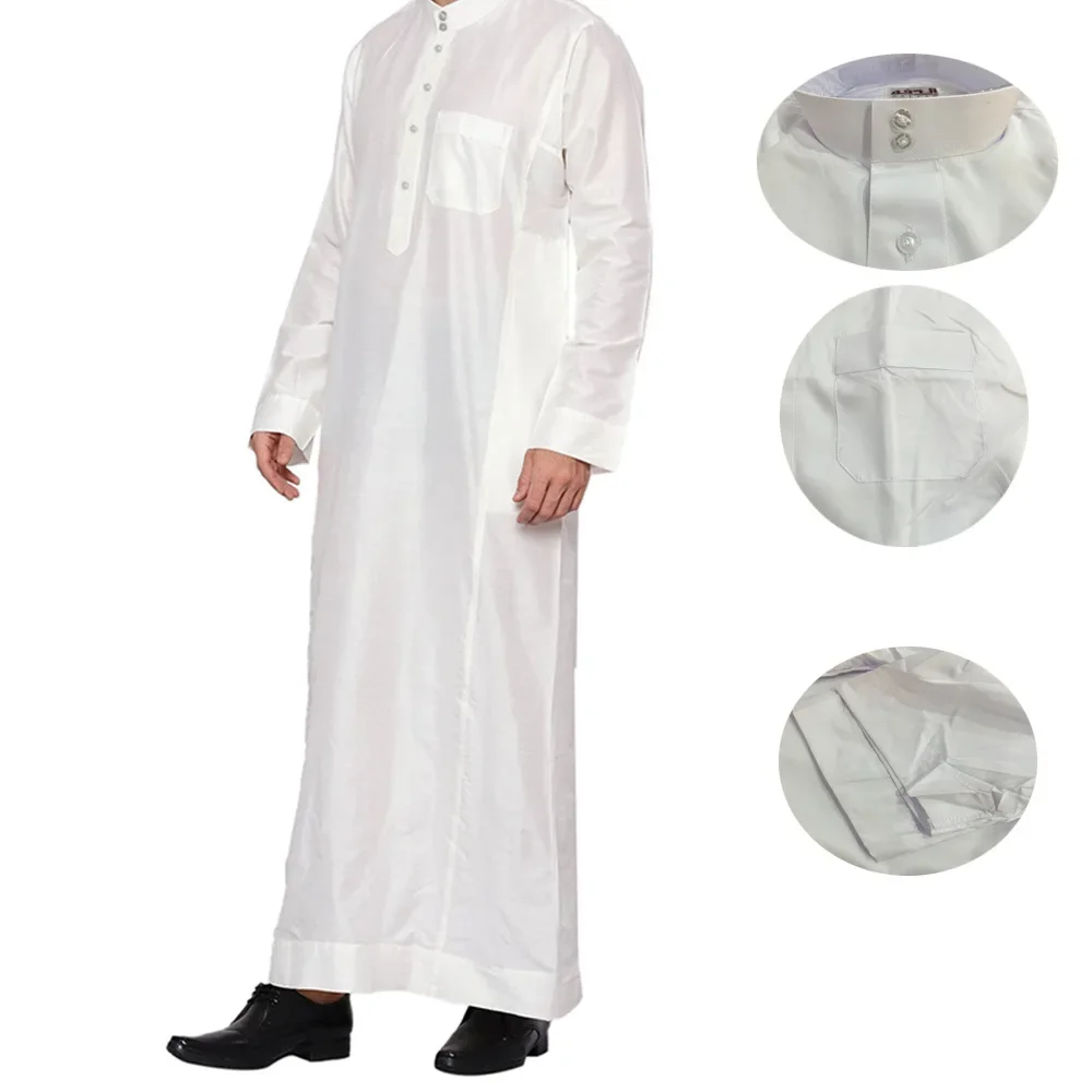 New 2025 Muslim High Quality Abaya Men's Long Sleeve Stand Collar Kaftan Robe with Pocket Design Pakistan Arabic Men Jubbe Thobe