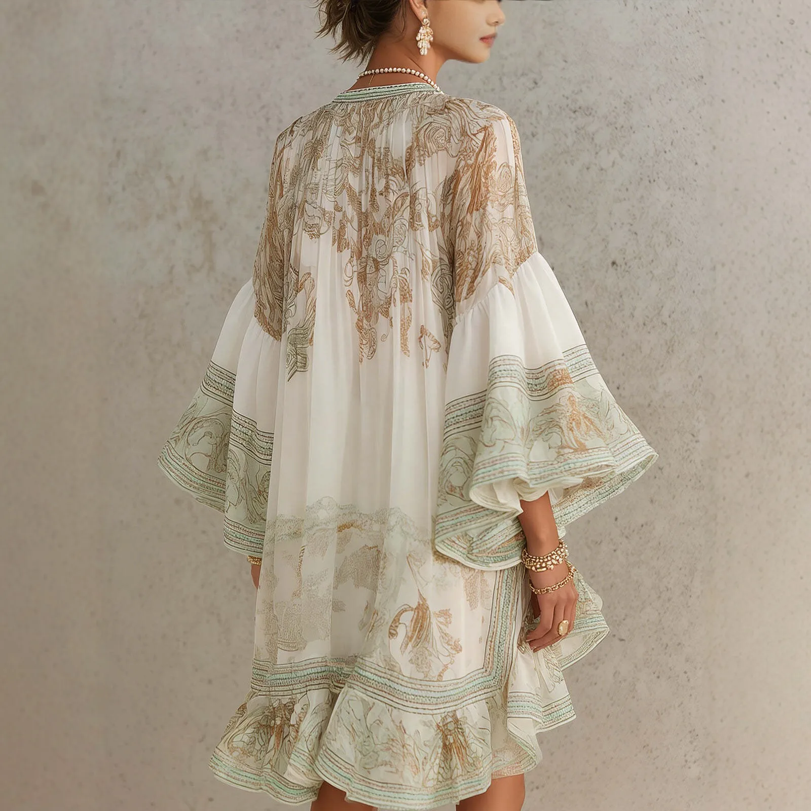 2026 New European and American Style Printed Lotus Leaf Hem Dress for Women, Vacation-Inspired, Loose Fit, Flowing, Stylish Shor